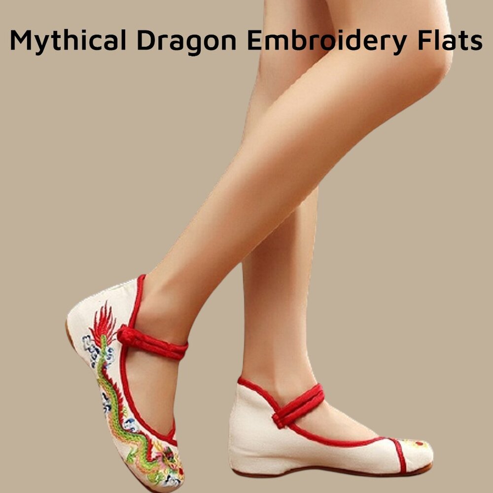Handmade Chinese Dragon Embroidered Mary Jane Flats Non-Slip Sole Cushioned Fit